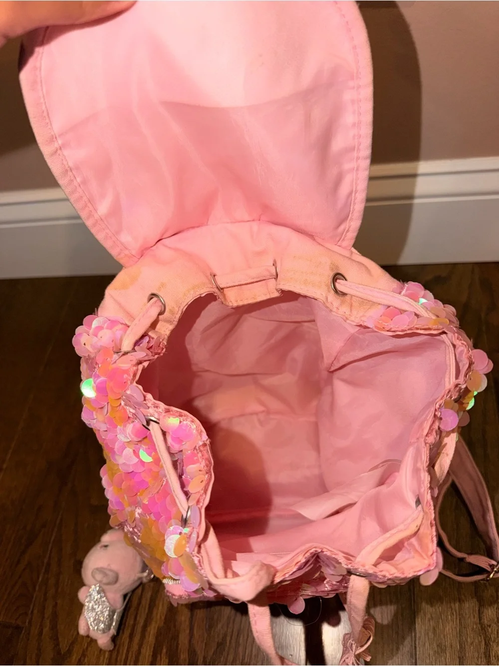 Justice Pink Iridescent Sequin Kids Backpack with Plush Charm